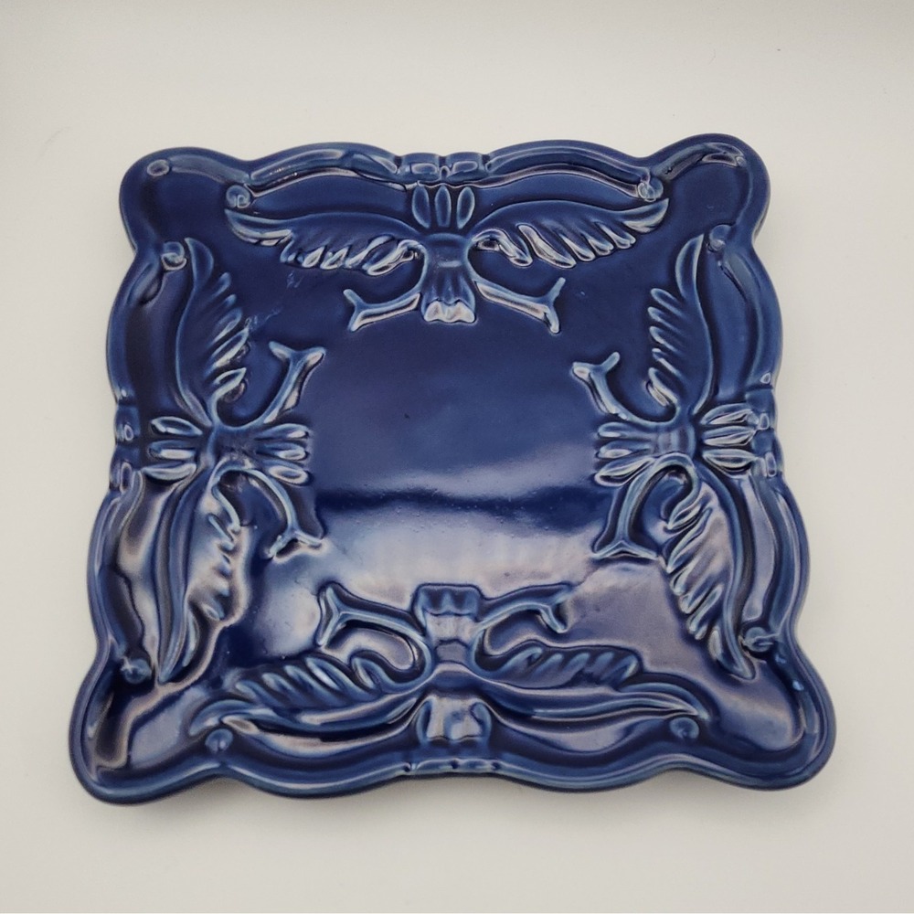 California Pottery N-382 Blue Glossy Ceramic 7" Trivet Mid-Century Floral - Picture 3 of 6